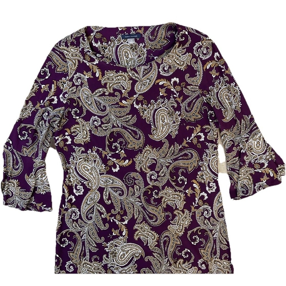 Tommy Hilfiger Womens 14 Plum Purple Paisley Floral 3/4 Bell Sleeve A-Line Dress